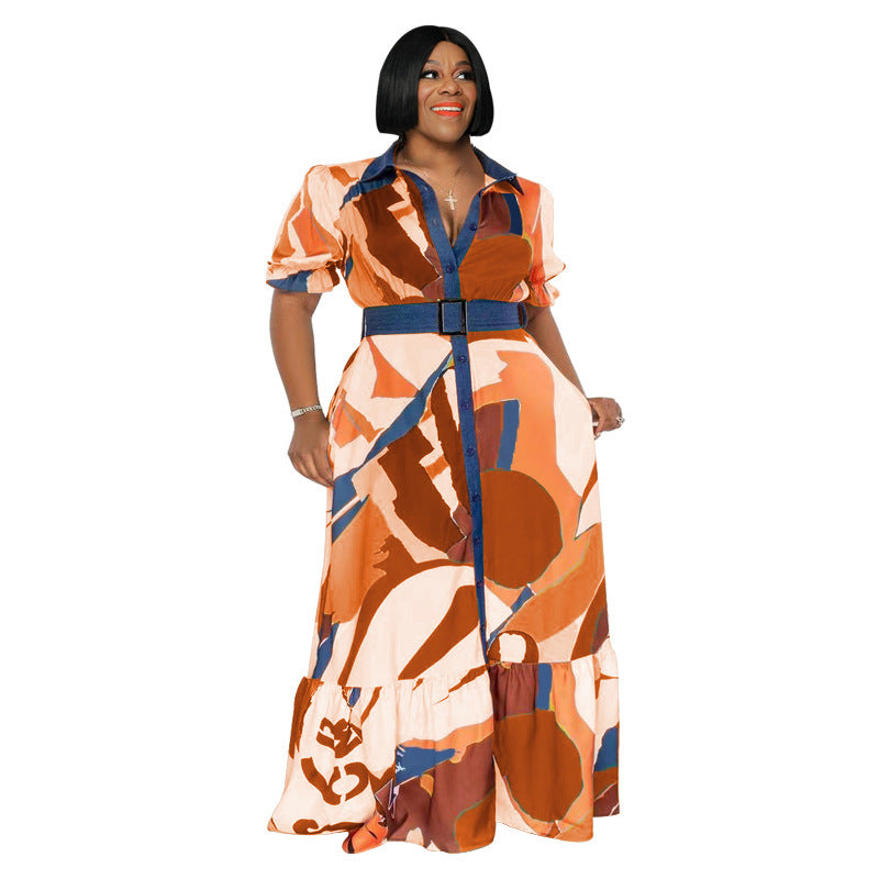 Color Printing Includes Belt Loose Plus Size Women's Clothing Dress