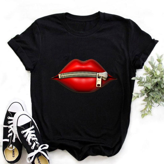 Zipper Lip Print Ladies Top T-shirt