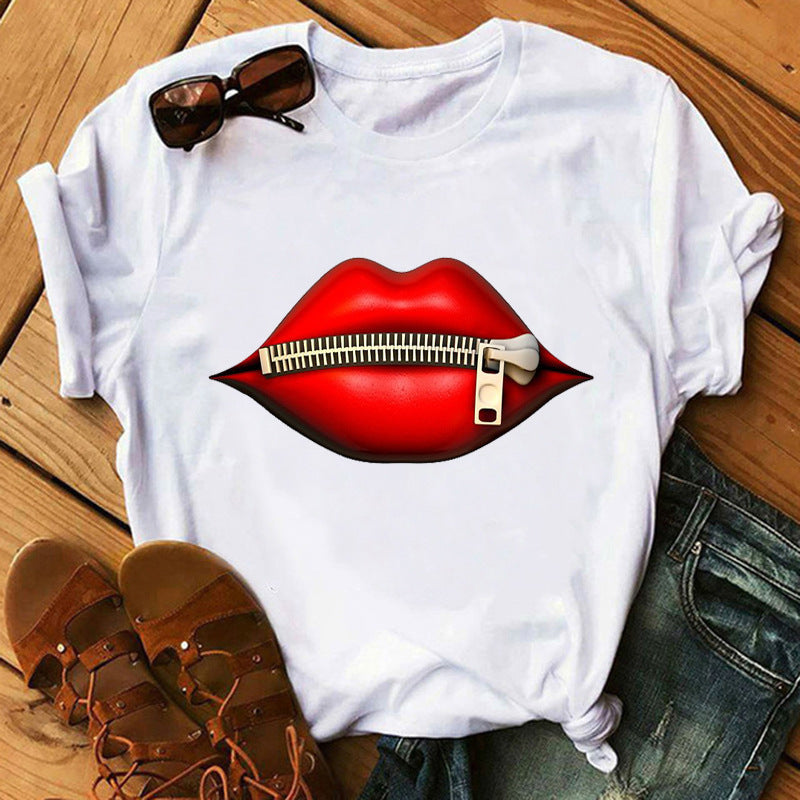 Zipper Lip Print Ladies Top T-shirt