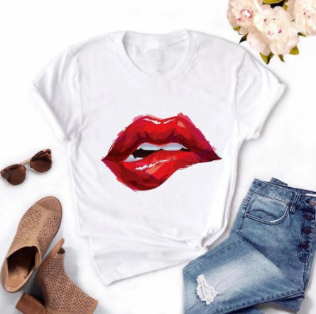 Zipper Lip Print Ladies Top T-shirt