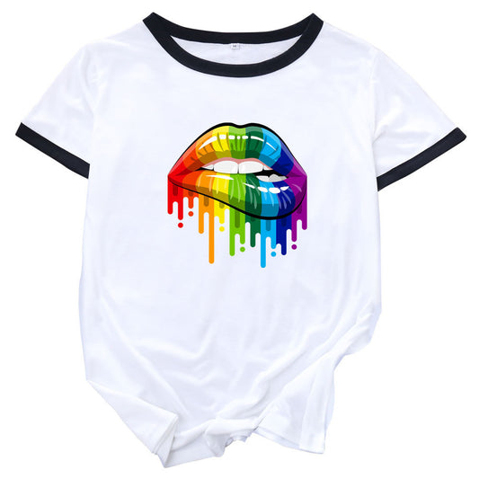 Rainbow Lip Color Block Short Sleeves