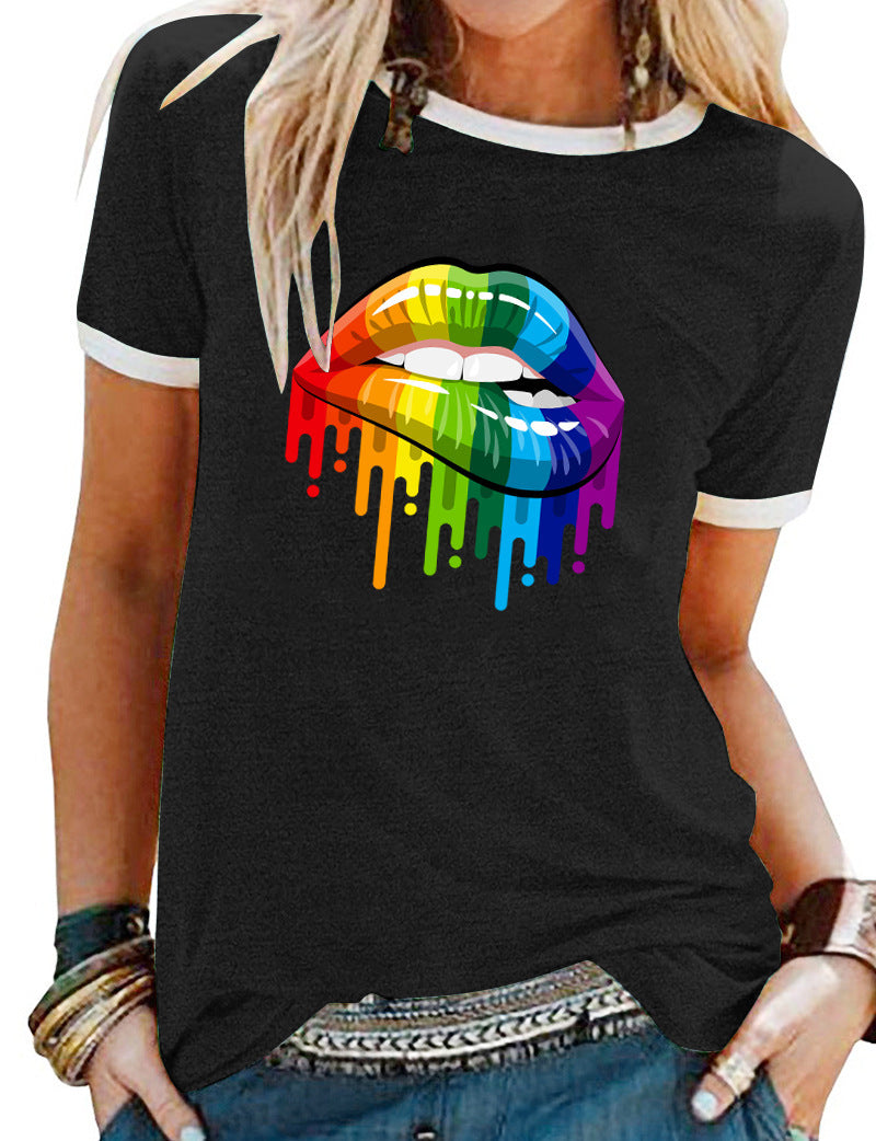 Rainbow Lip Color Block Short Sleeves