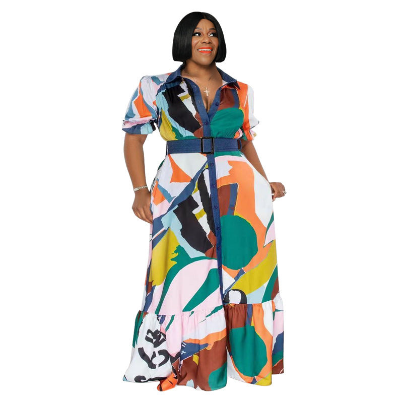 Color Printing Includes Belt Loose Plus Size Women's Clothing Dress