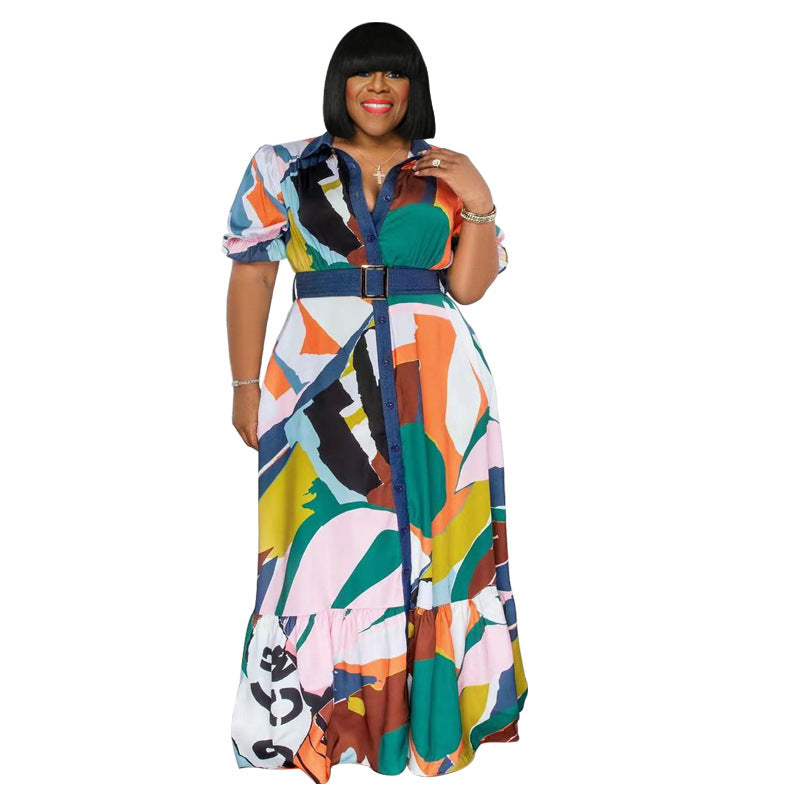 Color Printing Includes Belt Loose Plus Size Women's Clothing Dress