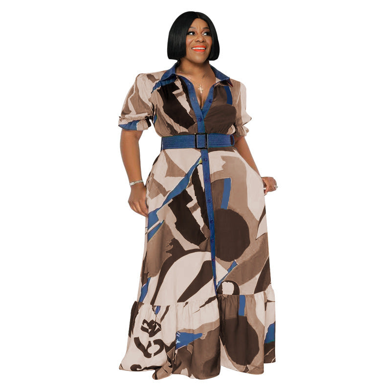Color Printing Includes Belt Loose Plus Size Women's Clothing Dress